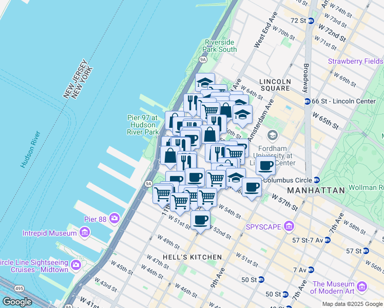 map of restaurants, bars, coffee shops, grocery stores, and more near 823 11th Avenue in New York