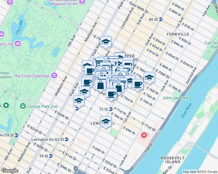 map of restaurants, bars, coffee shops, grocery stores, and more near 209 East 73rd Street in New York