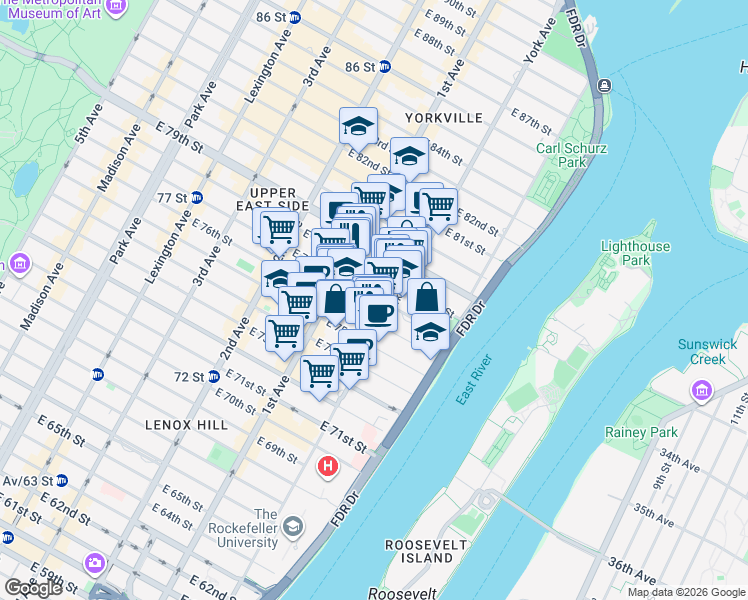 map of restaurants, bars, coffee shops, grocery stores, and more near in New York