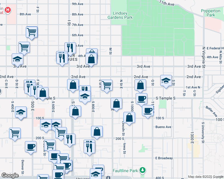 map of restaurants, bars, coffee shops, grocery stores, and more near 24 M Street in Salt Lake City