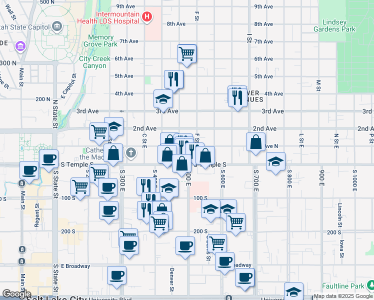 map of restaurants, bars, coffee shops, grocery stores, and more near in Salt Lake City