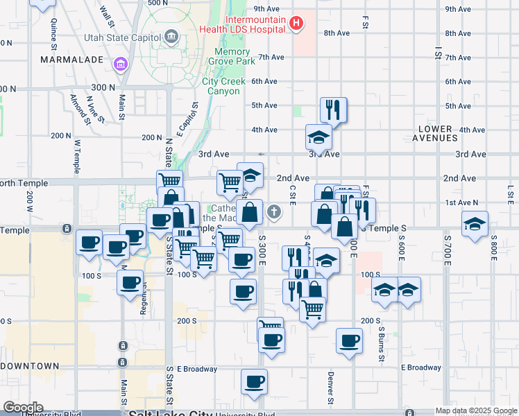 map of restaurants, bars, coffee shops, grocery stores, and more near in Salt Lake City