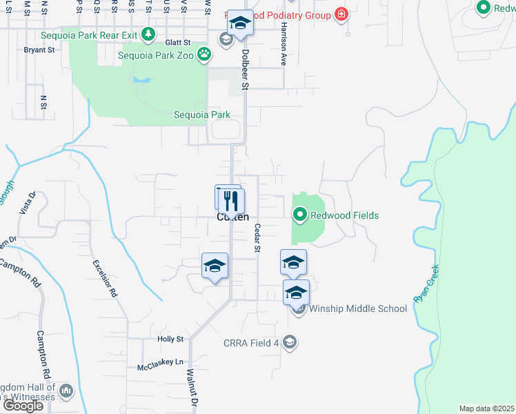 map of restaurants, bars, coffee shops, grocery stores, and more near 2395 Fern Street in Eureka