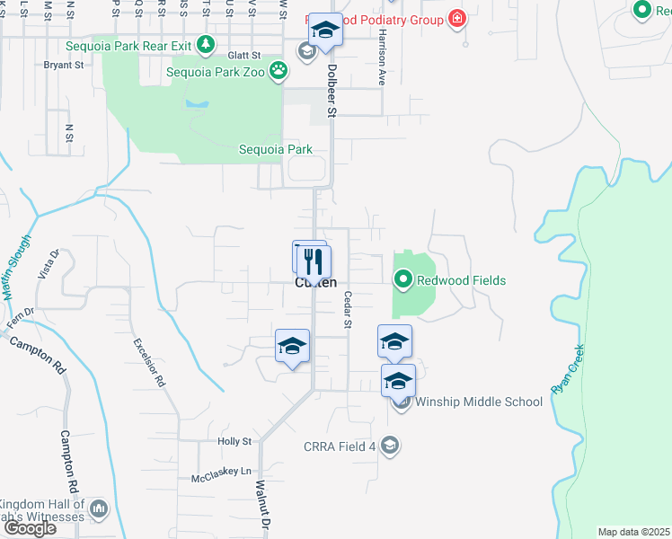 map of restaurants, bars, coffee shops, grocery stores, and more near 2395 Fern Street in Eureka