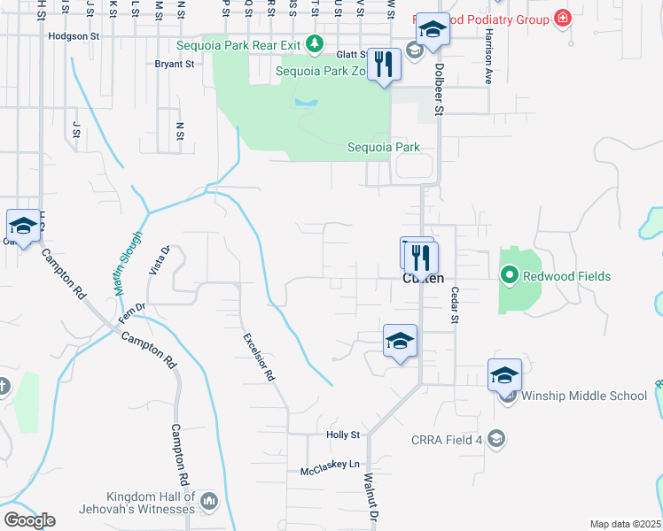 map of restaurants, bars, coffee shops, grocery stores, and more near 2025 Fern Street in Eureka