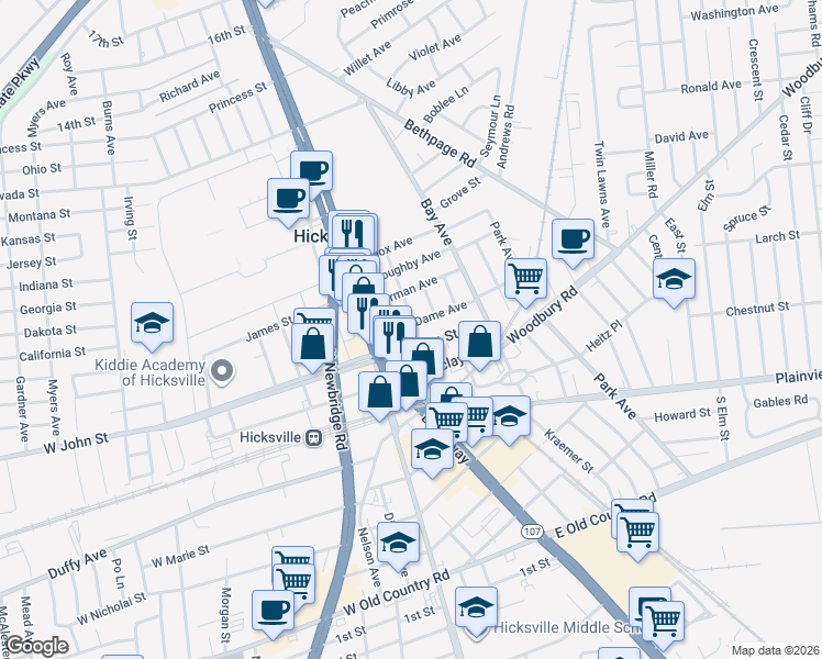 map of restaurants, bars, coffee shops, grocery stores, and more near 25 Notre Dame Avenue in Hicksville