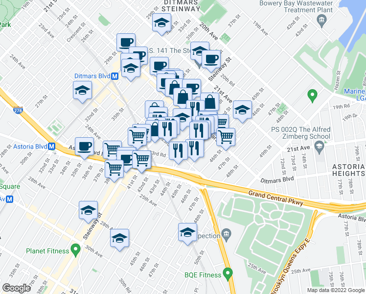 map of restaurants, bars, coffee shops, grocery stores, and more near 42-05 23rd Avenue in Queens