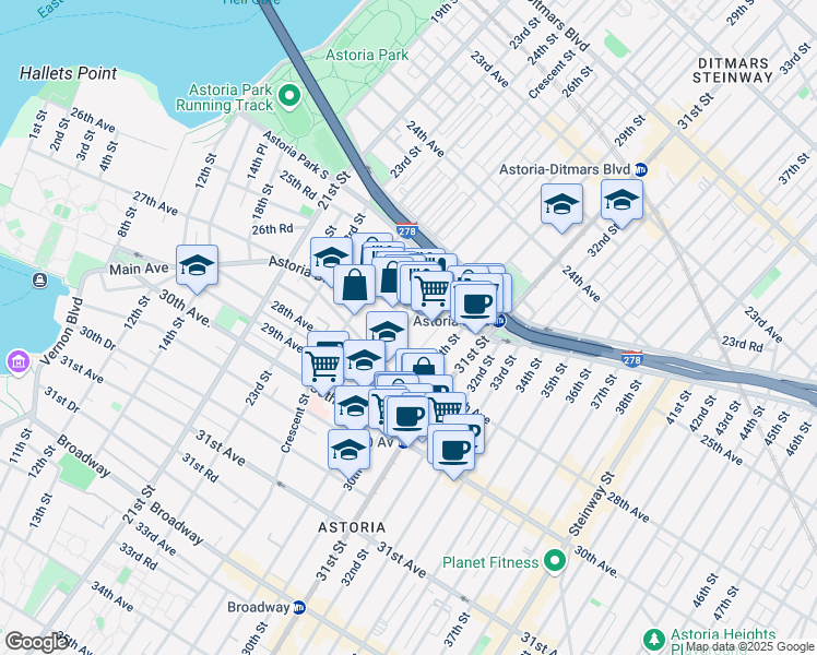 map of restaurants, bars, coffee shops, grocery stores, and more near 26-33 28th Street in Queens