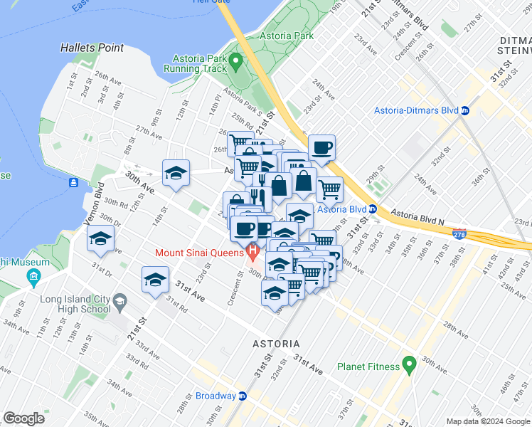 map of restaurants, bars, coffee shops, grocery stores, and more near 28-14 Crescent Street in Queens