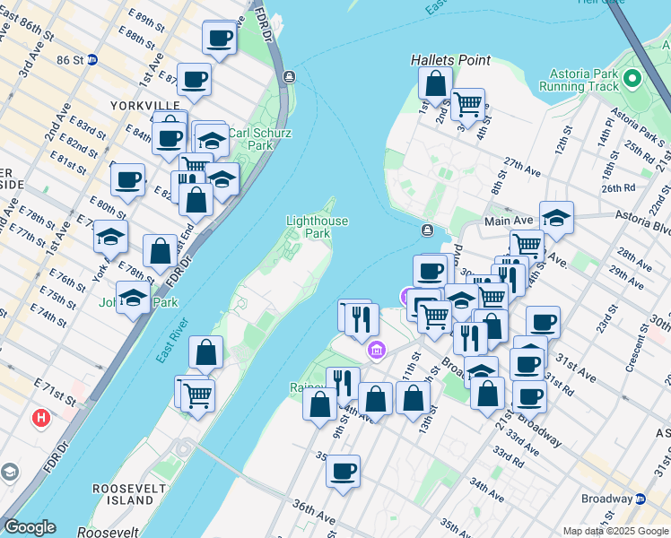 map of restaurants, bars, coffee shops, grocery stores, and more near E Rd in New York