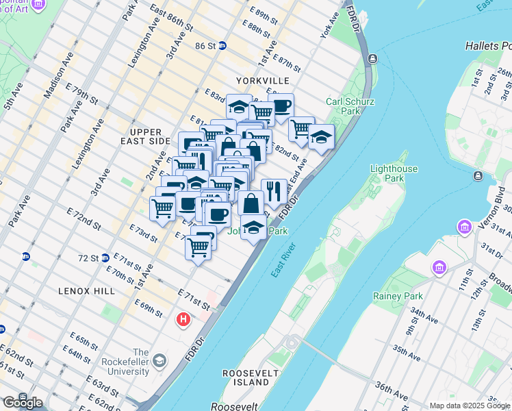 map of restaurants, bars, coffee shops, grocery stores, and more near 520 East 77th Street in New York