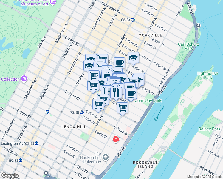 map of restaurants, bars, coffee shops, grocery stores, and more near 1445 1st Avenue in New York