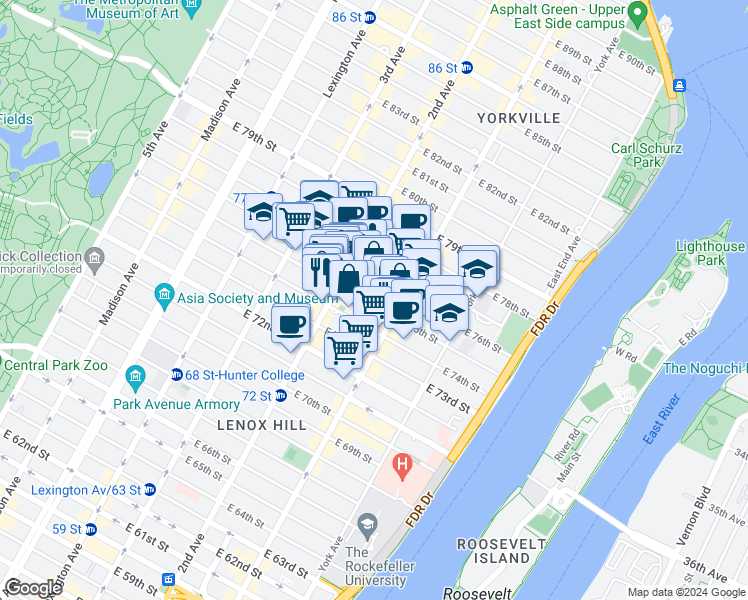 map of restaurants, bars, coffee shops, grocery stores, and more near 310 East 75th Street in New York