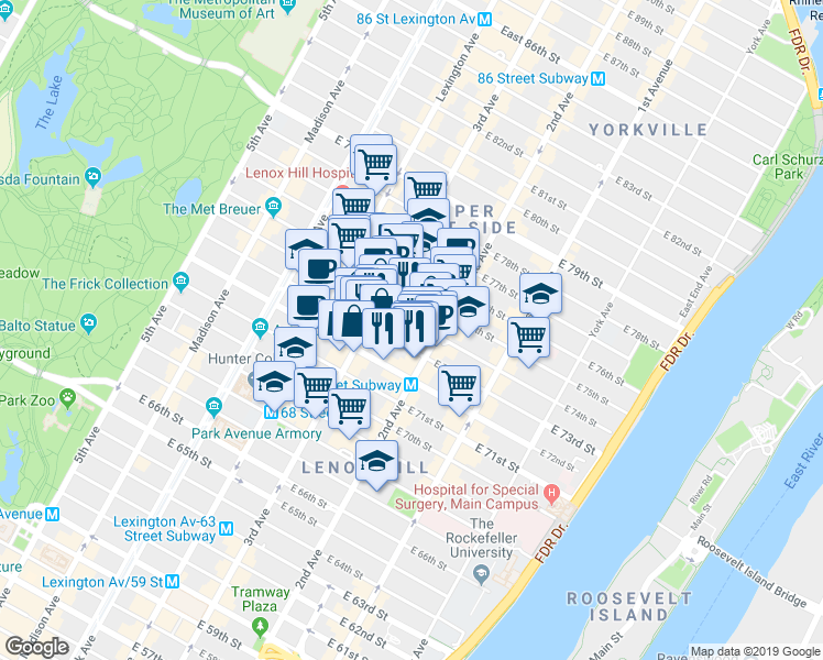 map of restaurants, bars, coffee shops, grocery stores, and more near 220 East 73rd Street in New York