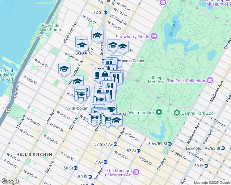 map of restaurants, bars, coffee shops, grocery stores, and more near 36 Central Park West in New York