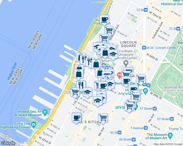 map of restaurants, bars, coffee shops, grocery stores, and more near in New York