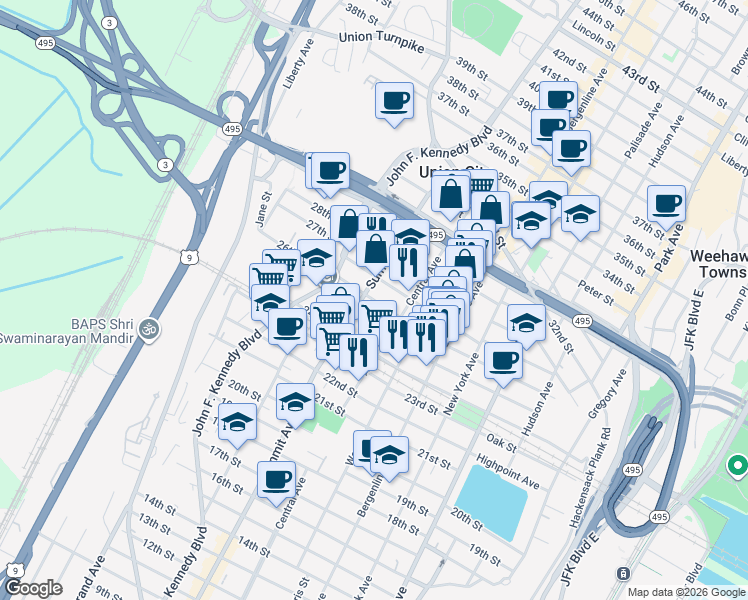 map of restaurants, bars, coffee shops, grocery stores, and more near 711 26th Street in Union City