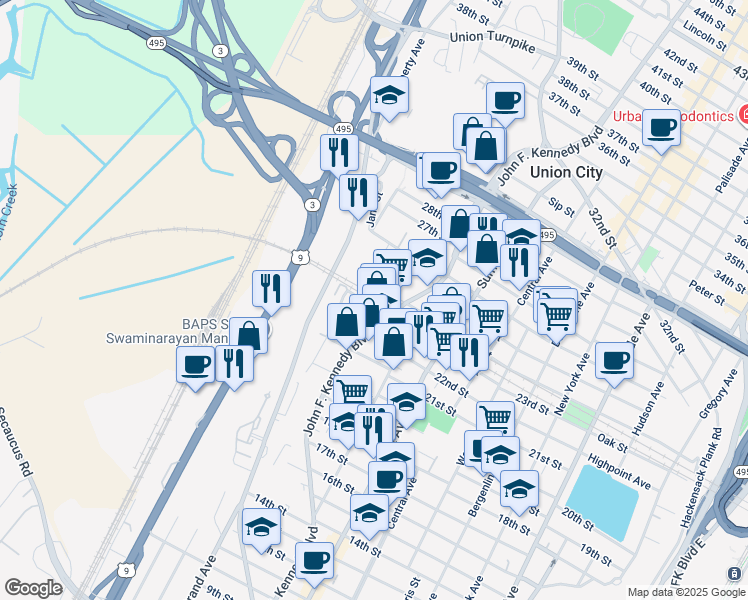map of restaurants, bars, coffee shops, grocery stores, and more near 2217 Dietz Place in North Bergen
