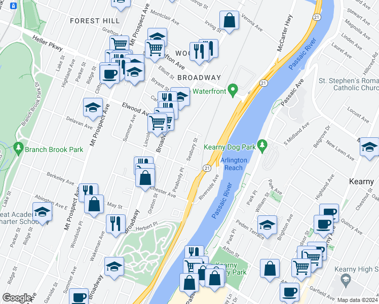 map of restaurants, bars, coffee shops, grocery stores, and more near 16 Seabury Street in Newark