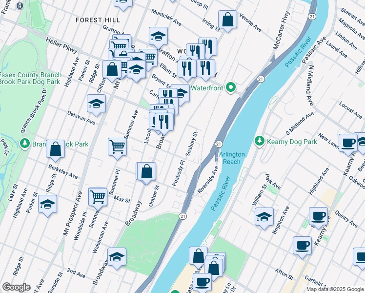 map of restaurants, bars, coffee shops, grocery stores, and more near 16 Seabury Street in Newark