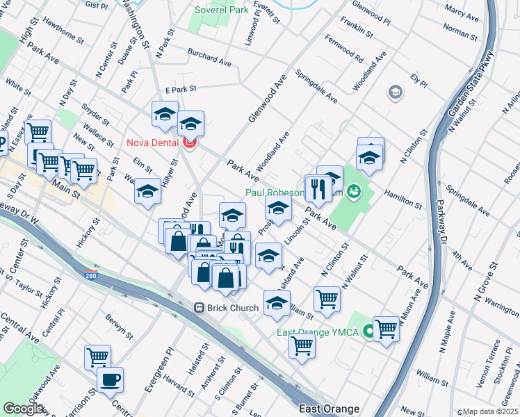 map of restaurants, bars, coffee shops, grocery stores, and more near 101 Prospect Street in East Orange