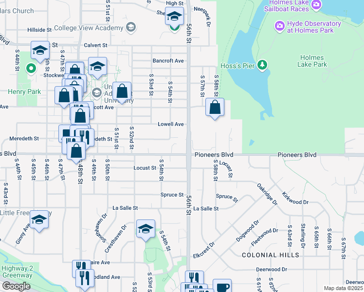 map of restaurants, bars, coffee shops, grocery stores, and more near 5550 Pioneers Boulevard in Lincoln