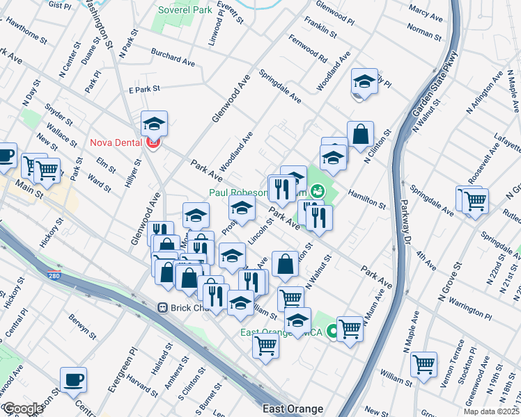 map of restaurants, bars, coffee shops, grocery stores, and more near 507 Park Avenue in East Orange