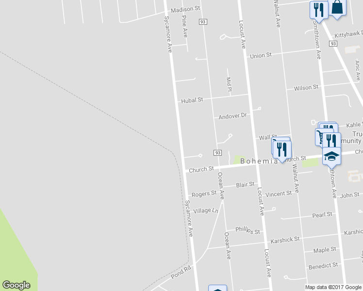 map of restaurants, bars, coffee shops, grocery stores, and more near 1201 Sycamore Avenue in Bohemia