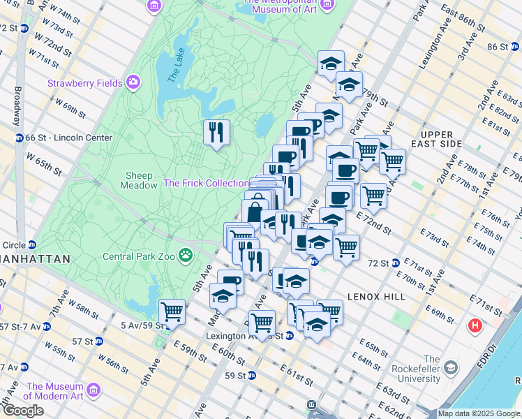 map of restaurants, bars, coffee shops, grocery stores, and more near 6 East 69th Street in New York