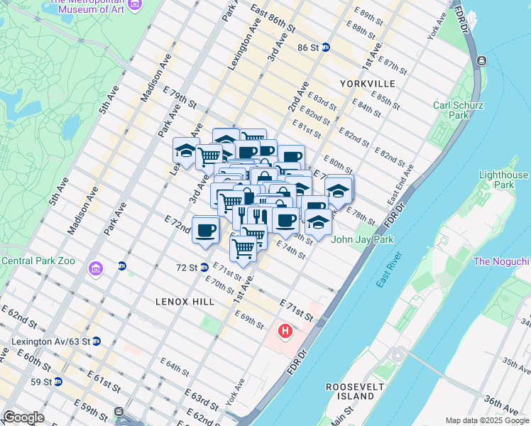 map of restaurants, bars, coffee shops, grocery stores, and more near 329 East 75th Street in New York
