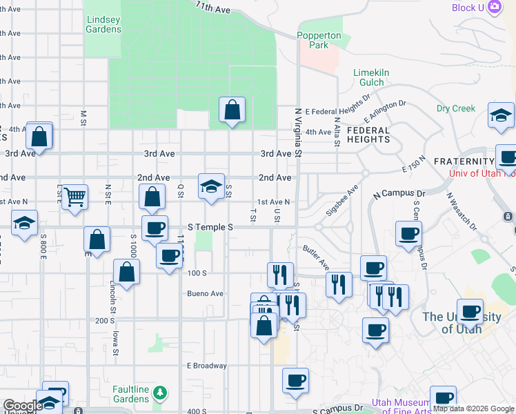 map of restaurants, bars, coffee shops, grocery stores, and more near 25 T Street in Salt Lake City