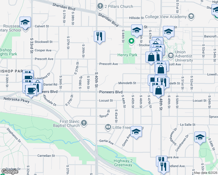 map of restaurants, bars, coffee shops, grocery stores, and more near 4130 Pioneers Boulevard in Lincoln