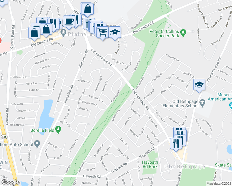 map of restaurants, bars, coffee shops, grocery stores, and more near 115 Parkway Drive in Plainview