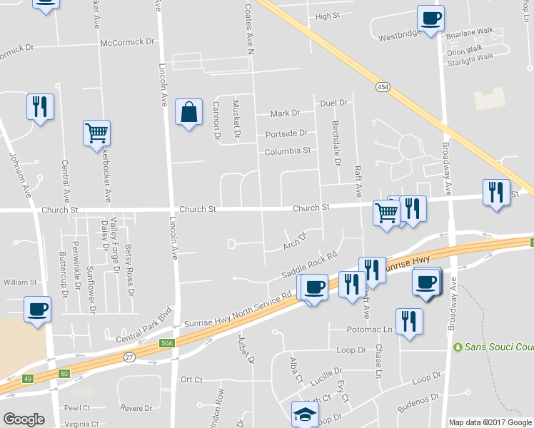 map of restaurants, bars, coffee shops, grocery stores, and more near 1584 Church Street in Holbrook