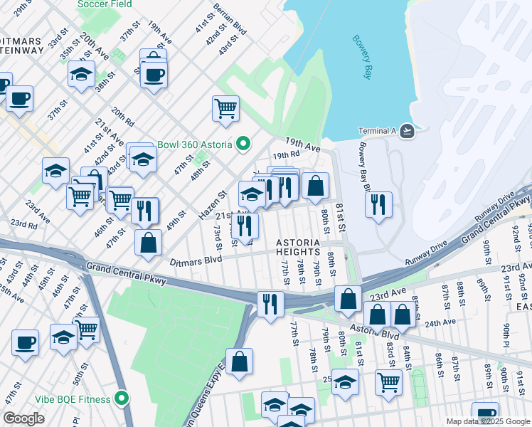 map of restaurants, bars, coffee shops, grocery stores, and more near 21-10 77th Street in Queens