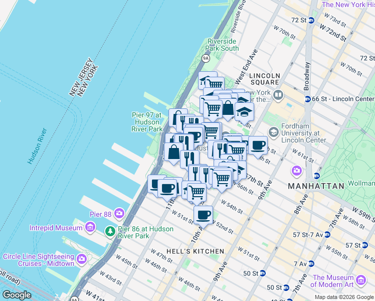 map of restaurants, bars, coffee shops, grocery stores, and more near 606 West 57th Street in New York