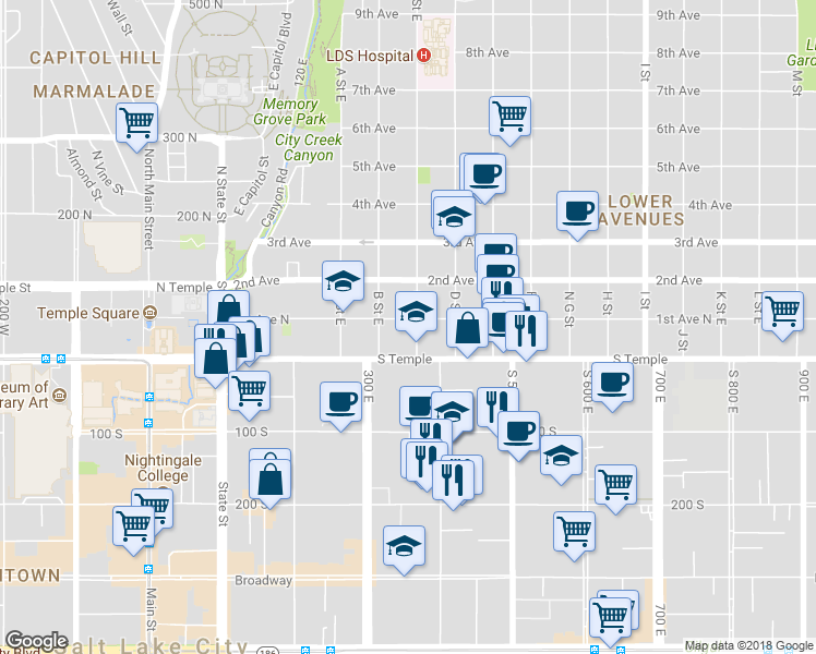 map of restaurants, bars, coffee shops, grocery stores, and more near 33 C Street in Salt Lake City