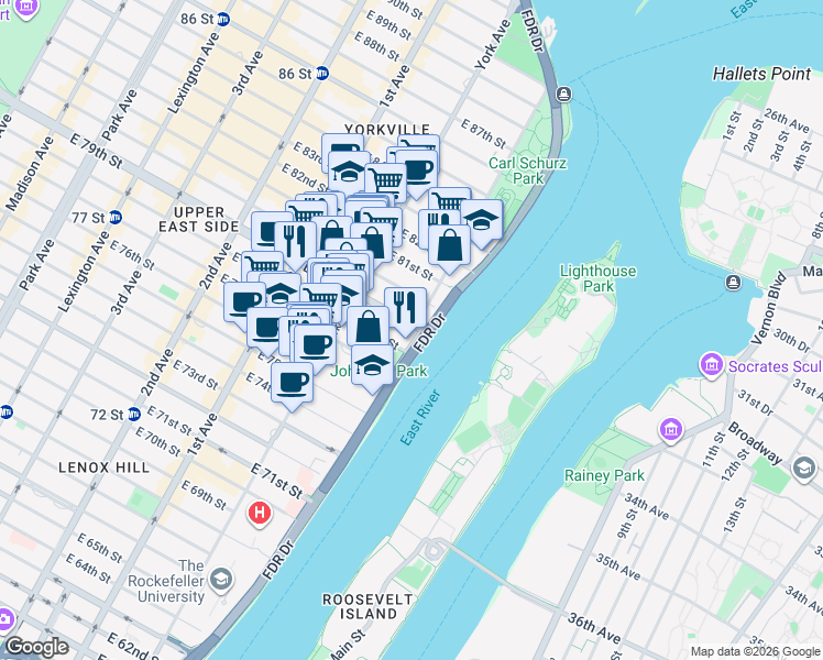 map of restaurants, bars, coffee shops, grocery stores, and more near 515 East 79th Street in New York