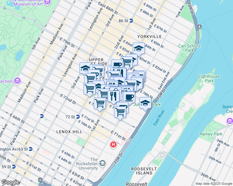 map of restaurants, bars, coffee shops, grocery stores, and more near 401 East 76th Street in New York