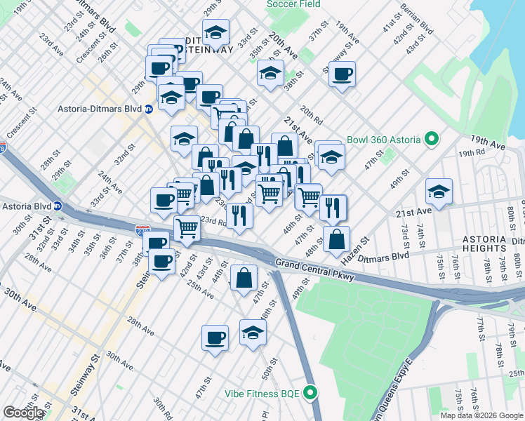map of restaurants, bars, coffee shops, grocery stores, and more near 22-57 43rd Street in Queens