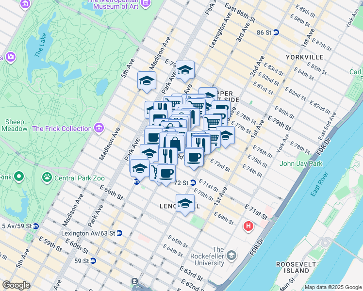 map of restaurants, bars, coffee shops, grocery stores, and more near 1230 3rd Avenue in New York