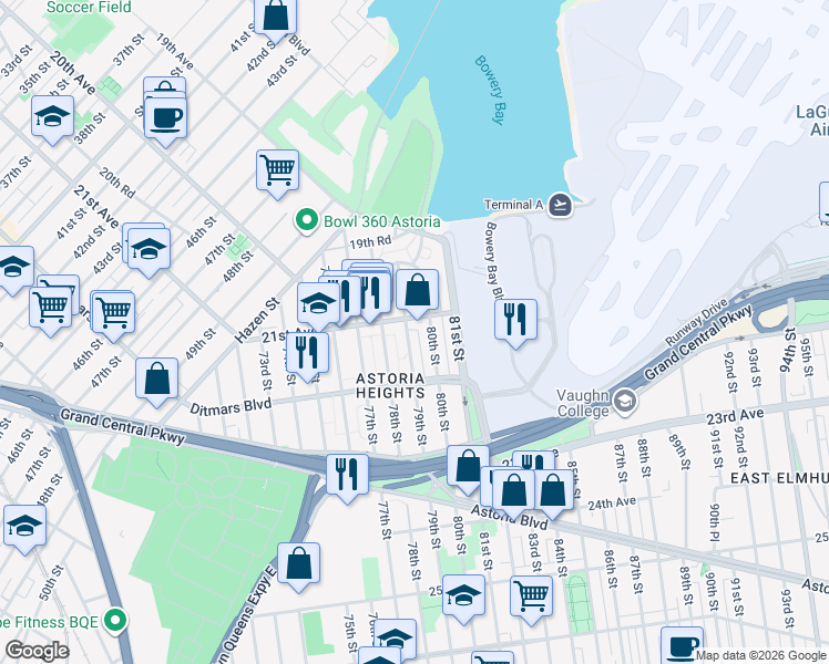 map of restaurants, bars, coffee shops, grocery stores, and more near 79-02 21st Avenue in Queens