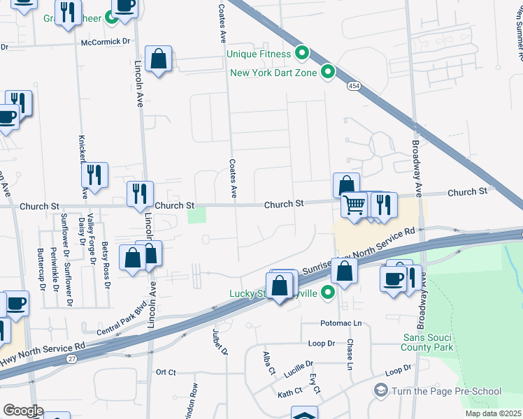 map of restaurants, bars, coffee shops, grocery stores, and more near 1604 Church Street in Holbrook
