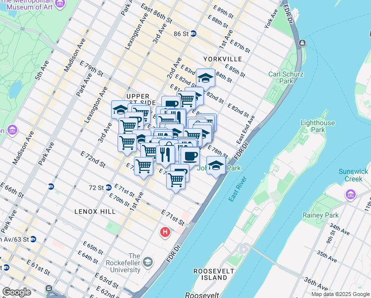 map of restaurants, bars, coffee shops, grocery stores, and more near 428 East 77th Street in New York