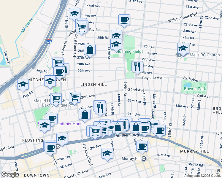 map of restaurants, bars, coffee shops, grocery stores, and more near 146-61 32nd Avenue in Queens