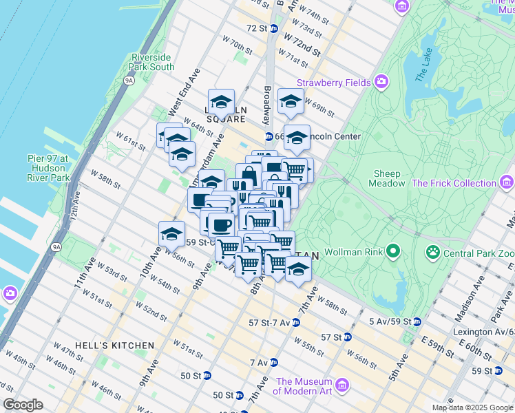 map of restaurants, bars, coffee shops, grocery stores, and more near 24 West 61st Street in New York
