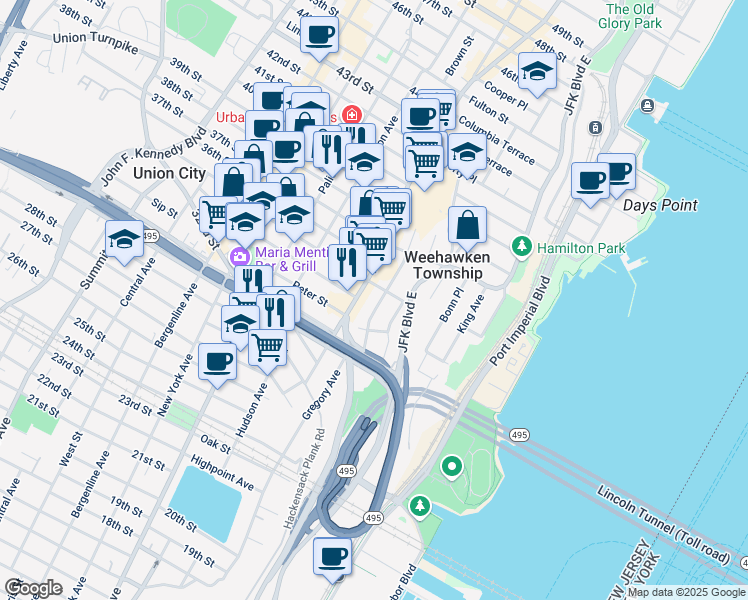 map of restaurants, bars, coffee shops, grocery stores, and more near 82 Hauxhurst Avenue in Weehawken