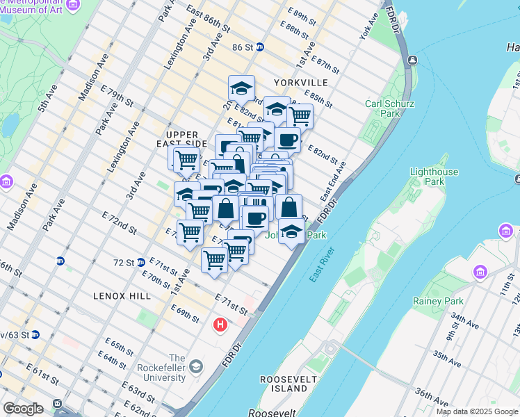 map of restaurants, bars, coffee shops, grocery stores, and more near 1431 York Avenue in New York