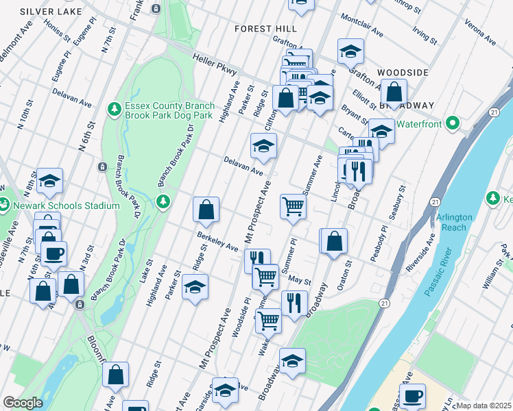 map of restaurants, bars, coffee shops, grocery stores, and more near 540 Mount Prospect Avenue in Newark