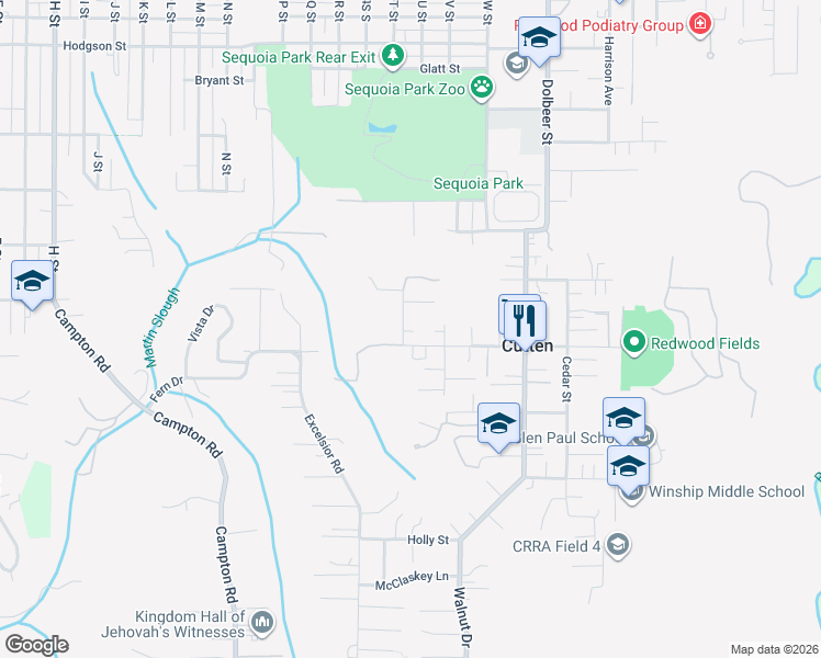 map of restaurants, bars, coffee shops, grocery stores, and more near 2025 Fern Street in Eureka